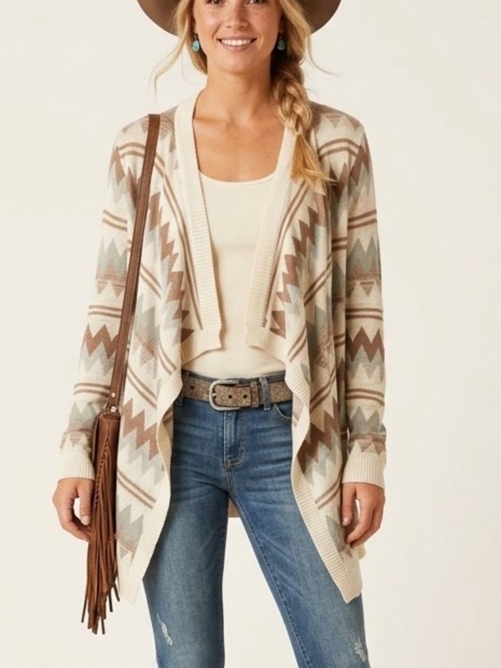 Wet Seal Cardigan Sweater LARGE western open Large Brown Beige Bohemian Cowgirl